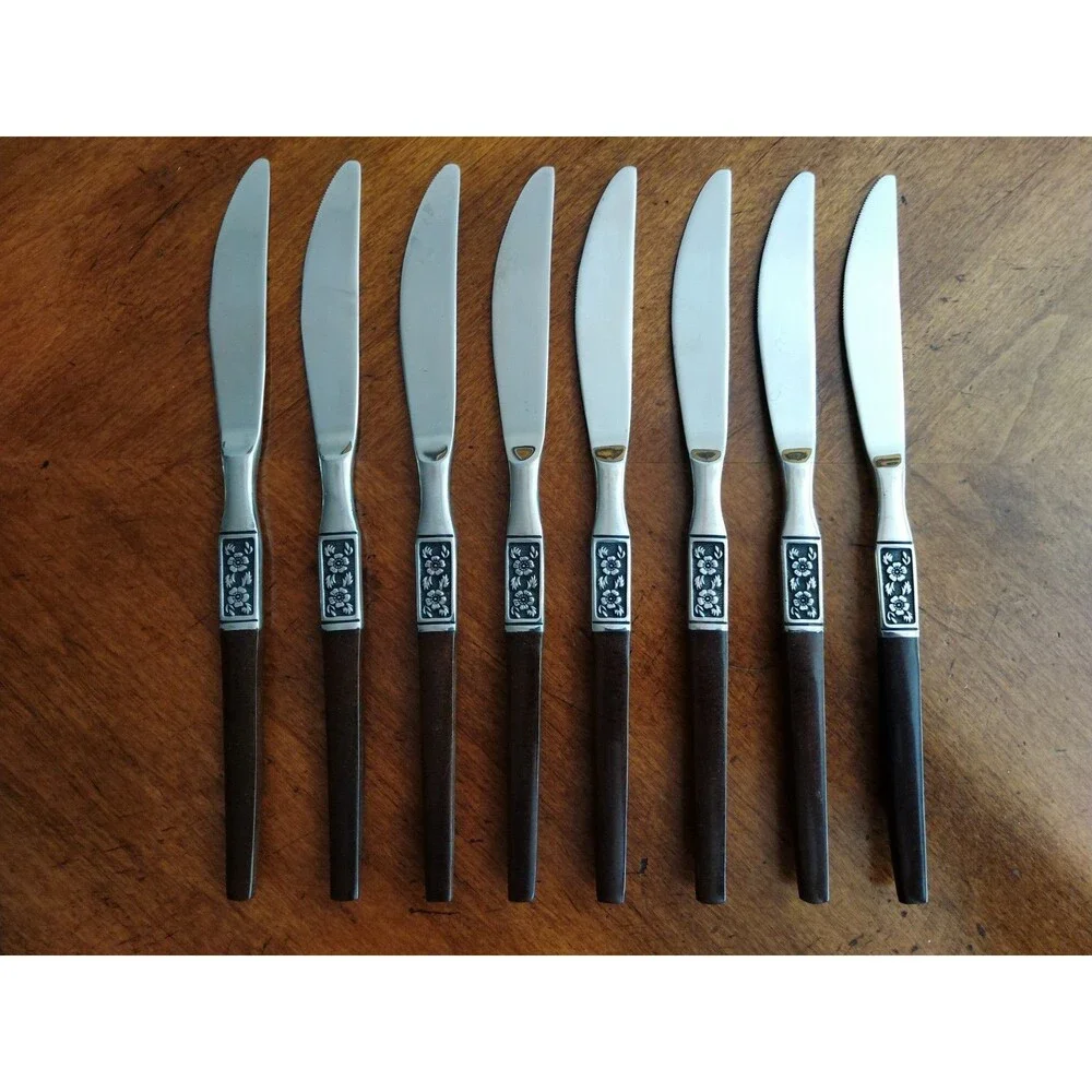 Lot 8x Dinner Knives Ekco Eterna La Joya Stainless Faux Wood MCM EKS14 8.8